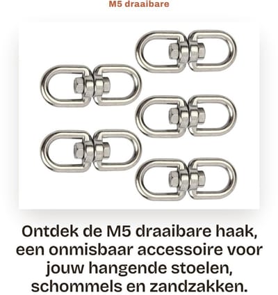 Dailygoods- Draaibare Haak Roestvrij Staal - Draaibaar Oogje - Ring voor Hangende Stoelen - Corrosiebestendig - Voor Binnen/Buiten Gebruik - M5 Model