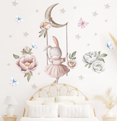 Honeybears behangsticker ballerina – Behang sticker kinderkamer – Muurstickers - Wandsticker zelfklevend – Decoratie babykamer - Konijn ballerina - Baby en kinderkamer – 60x30cm