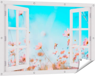 Gards Tuinposter Doorkijk Paarse Kosmos Bloemen - 120x80 cm - Tuindoek - Tuindecoratie - Wanddecoratie buiten - Tuinschilderij