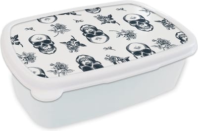 Broodtrommel Wit - Lunchbox - Brooddoos - Tieners - Skull - Bloemen - Patronen - 18x12x6 cm - Volwassenen