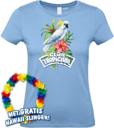 Dames t-shirt Kaketoe Tropical | Toppers in Concert 2024 | Club Tropicana | Hawaii Shirt | Ibiza Kleding | Lichtblauw Dames | maat XS