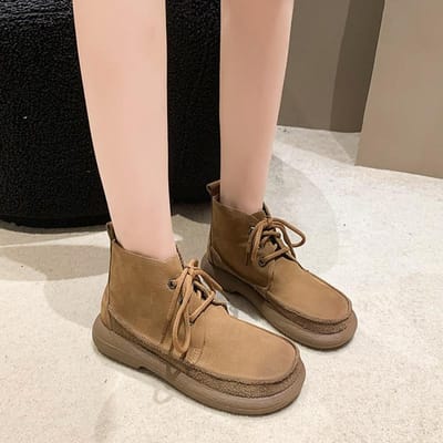 Dames Enkellaarsjes Herfst Winter Veterschoenen Dames Platform Schoenen Retro Comfortabel Ronde Neus Lage Hak Sneeuwlaarzen Grote Maat 42 35 kaki