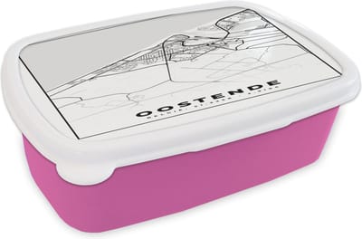 Broodtrommel Roze - Lunchbox - Brooddoos - Stadskaart – Plattegrond – België – Zwart Wit – Oostende – Kaart - 18x12x6 cm - Kinderen - Meisje