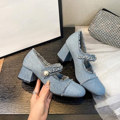 Nieuwe Denim Parel Vierkante Neus Hoge Hakken Enkelbandjes Effen Blok Middenhak Metalen Ketting Schoenen Retro Dagelijkse Jurk Pumps Handgemaakt 38