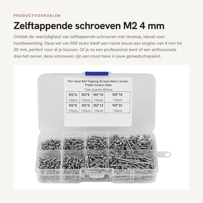 Dailygoods- Zelftappende Schroeven 800 Stuks - M2 4/5/6/8/10/12/16/20 mm - Vernikkeld Koolstofstaal - Doos 13 x 6,5 x 2,5 cm - Platkop voor Houtbewerking