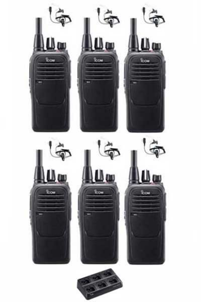Set van 6 Icom IC-F29SR2 UHF PMR446 IP67 met multilader en beveiliging oortje
