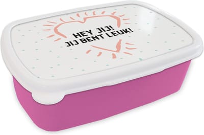 Broodtrommel Roze - Lunchbox - Brooddoos - Quotes - Spreuken - Hey jij! Jij bent leuk! - Vriendschap - 18x12x6 cm - Kinderen - Meisje
