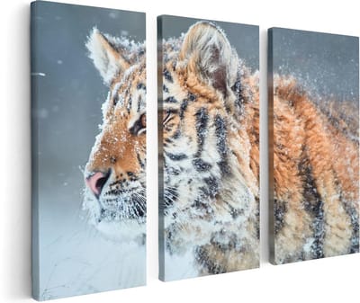 Artaza Canvas Schilderij Drieluik Tijger Tijdens De Sneeuw - 120x80 - Foto Op Canvas - Canvas Print