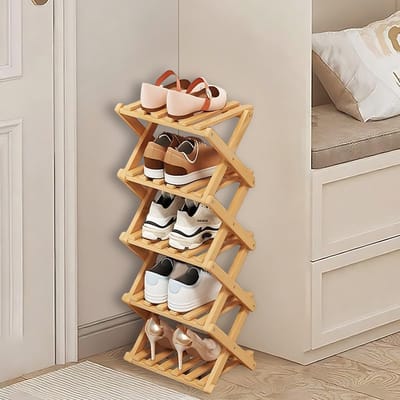 Dailygoods- Schoenenrek 5-laags opvouwbaar - Bamboe - Klein - Houten - Voor hal/entree - Geschikt voor kleine ruimtes - Schoenenopberger