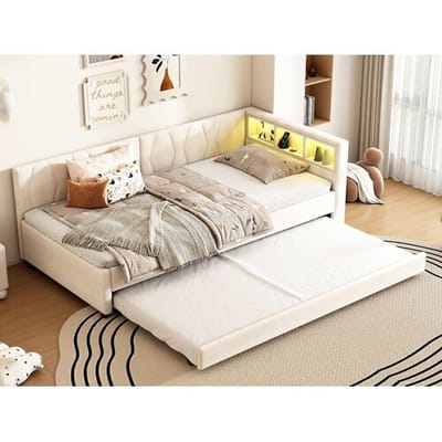 ModernLuxe Slaapbank 90x200 cm - met opbergbed - met USB- + Type-C-aansluitingen - met LED-verlichting - beige (matras niet inbegrepen)