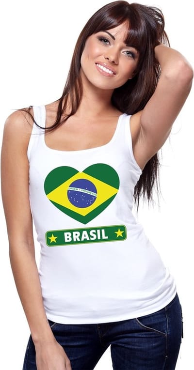 Brazilie singlet shirt/ tanktop met Braziliaanse vlag in hart wit dames S