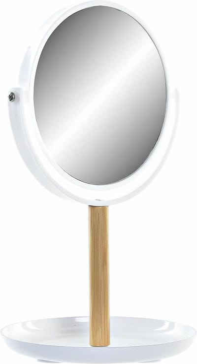 ITEM International Make-up spiegel - op standaard - rond - bamboe - wit - H34 cm - Badkamer - Opmaken
