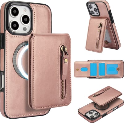 Stravo Leather Hoesje Case – Wallet Leer & Leren Cover – Geschikt voor iPhone 16 Pro Max – Leren Leather Portemonneehoes met Kaarthouder – 2-in-1 Afneembare PU Leren Flip Case met RFID-bescherming, Kickstand, MagSafe – Roségoud
