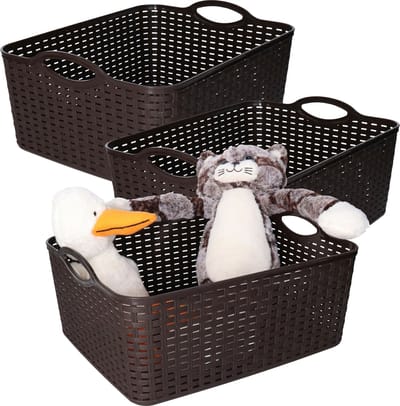 Plasticforte opbergmandje/kastmandje - 3x - 11 liter - donkerbruin - kunststof - 35 x 28 x 16 cm - nestbaar