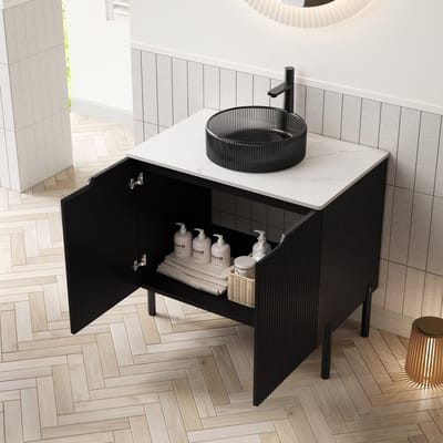 REDOM - Badkamermeubel Met Ronde Glazen Wastafel - Gestreept - Romantische Stijl - Badkamer - MDF En Gesinterde Steen - Zwart Wit