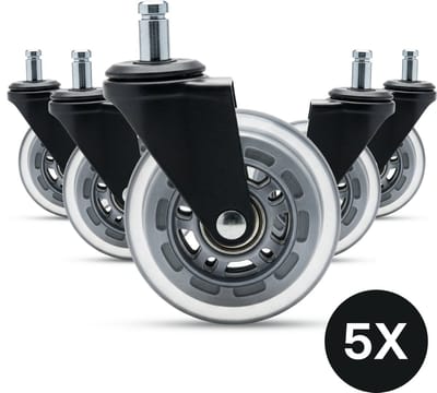 DIVERZA Transparante Bureaustoelwielen – 11mm/75mm – Set van 5 Zwenkwielen – Klikmontage – Geschikt voor harde vloeren