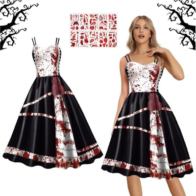 Allecto Plus - Halloween jurk | Meisjes | Bloedige print | Gotisch kostuum | Sexy | Carnaval | Middeleeuws kostuum | Mouwloos | Volwassenen