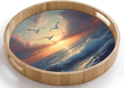 Dienblad rond 40x40 cm - Schootdienblad hout - Meeuwen - Zonsondergang - Zee - Wolken - Borrelplank rechthoek - Plateau houten dienbladen