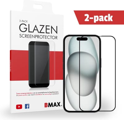2-pack BMAX geschikt voor de Apple iPhone 15 Screenprotector - Full Cover gehard glas - Apple screenprotectors - Telefoonaccessoires - Telefonie & Accessoires - Beschermglas - Glas screenprotectors - Zwart