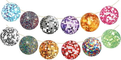 Set van 4 kleurrijke disco bal feestdecoraties, slangen, vintage garland en hangers voor 70s, 80s en 90s themafeesten, perfect voor familiebijeenkomsten en afstudeerfeesten