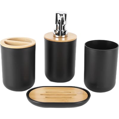 Ensemble d'accessoires de salle de bain 4 pièces en bambou, imperméable et durable, avec gobelet pour brosse à dents, pour la maison et l'hôtel, noir