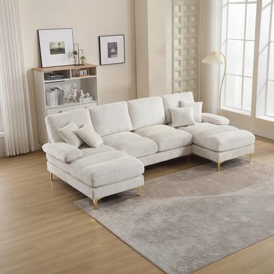 Pugsdrly Moderne grote chenille U-vormige hoekbank met dubbele ligstoelen voor woonkamer slaapkamer kantoor appartement villa woonkamer thuis bij de open haard