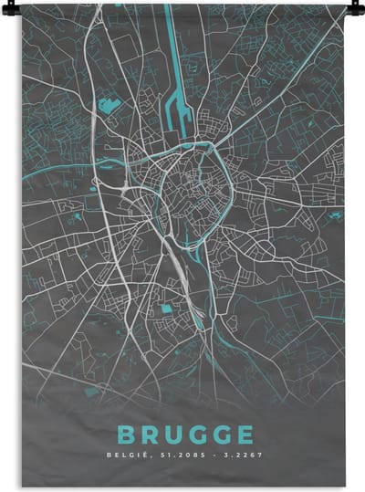 Wandkleed - Wanddoek - Stadskaart – Grijs - Kaart – Brugge – België – Plattegrond - 120x180 cm - Wandtapijt