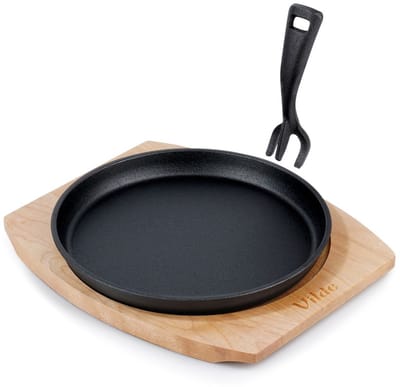 Koekenpan voor Serveren Gietijzeren met Plank CAST LINE 22 cm - Multifunctionele Pan voor Vlees - Groenten