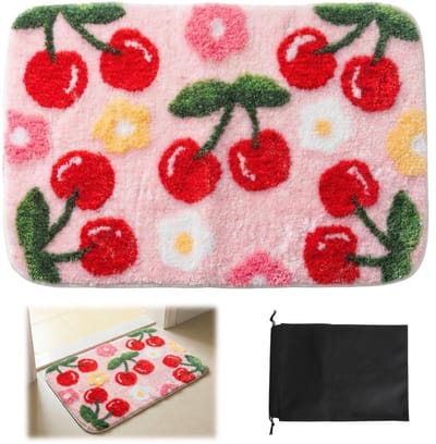 Dailygoods - Badmat met Kersenmotief 40 x 60 cm, Antislip Badkamermat Absorberend en Wasbaar, Roze Douchemat voor Badkamer Wastafel en Badkuip, met Zwarte Opbergzak
