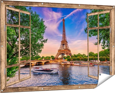 Gards Tuinposter Doorkijk Eiffeltoren in Parijs aan het Water - Kleur - 150x100 cm - Tuindoek - Tuindecoratie - Wanddecoratie buiten - Tuinschilderij
