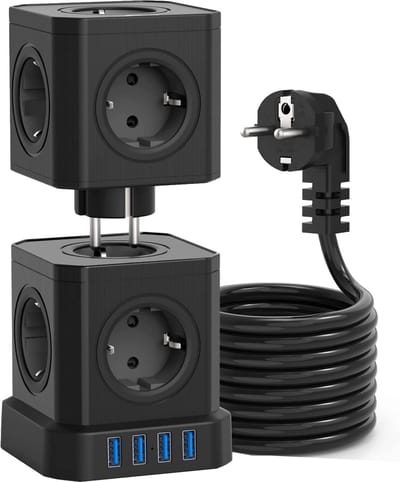 Voomy Toren Cube Stekkerdoos - 4 USB Poorten en Schakelaar - Powercube - 10 Stopcontacten - Overspanningsbeveiliging - Zwart