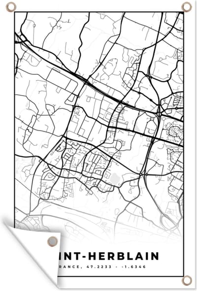 Muurdecoratie Kaart - Plattegrond - Saint-Herblain - Frankrijk - Stadskaart - Zwart wit - 120x180 cm - Tuinposter - Tuindoek