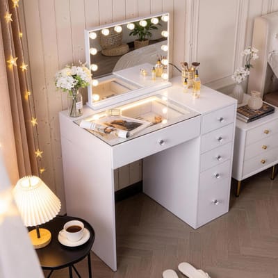 VANITII GLOBAL Kaptafel met LED Spiegel 8 Lades Wit 120 x 55 x 127 cm