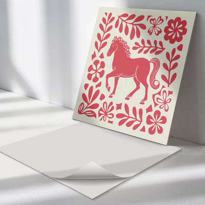 Wallfluent Vinyl Tegels - Gestileerd Paard tussen Planten Zelfklevende PVC Tegels - 30 cm x 30 cm - Rood Vinyl Tegels - 9 stuks - Vierkant PVC Tegels - Dieren Plaktegels - Vinyl Vloer Tegels - Plaktegels Keuken en Badkamer