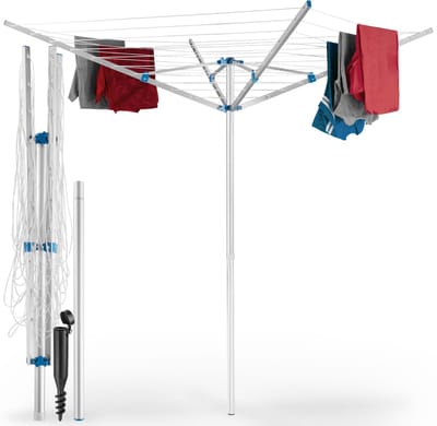 tectake® Droogmolen - 150 x 150 x 196 cm - Droogrek - Wasmolen van Aluminium - Draaibaar en in Hoogte Verstelbaar - Inclusief Voet