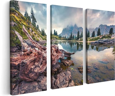 Artaza Canvas Schilderij Drieluik Meer Met Rotsen In De Alpen Bergen - 120x80 cm - Wanddecoratie Woonkamer - Schilderijen - Muurdecoratie
