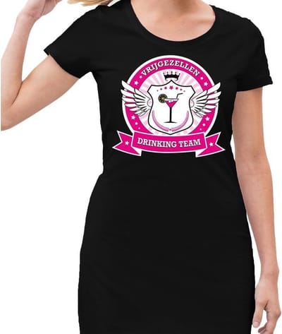 Zwart Vrijgezellen drinking team jurkje / jurkje zwart dames - vrijgezellenfeest kleding 40