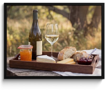 Poster in lijst - Fotolijst 80x60 cm - Posters - Picknick - Wijn - Kaasplankje - Posterlijst zwart - Decoratie - Wanddecoratie woonkamer - Muurdecoratie slaapkamer
