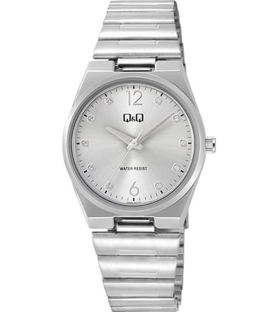 Q&Q Q84B-001PY - Horloge - Polshorloge - Analoog - Dames - Vrouwen - stalen band - Metaal - Overig - Cijfers - Stippen - Briljanten - Zilverkleurig