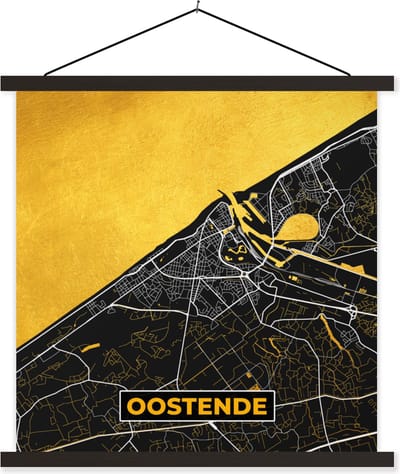 Posterhanger incl. Poster 60x60 cm - Schoolplaat - Kaart - Oostende - Plattegrond - Stadskaart - Goud - Textielposter - Zwarte latten - Stadskaart