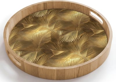 Dienblad rond 40x40 cm - Schootdienblad hout - Palm - Waaier - Goud - Borrelplank rechthoek - Plateau houten dienbladen