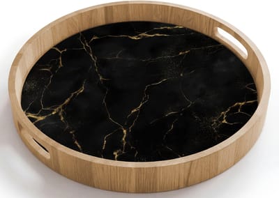 Dienblad rond 40x40 cm - Schootdienblad hout - Zwart marmer - Gouden aders - Klassiek - Borrelplank rechthoek - Plateau houten dienbladen