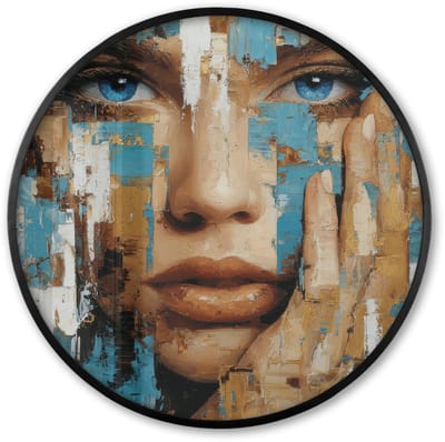 Poster in lijst Rond - Fotolijst 60x60 cm - Posters - Abstract - Penseelstreken - Blauw - Gezicht - Ronde posterlijst zwart - Decoratie - Wanddecoratie woonkamer - Muurdecoratie slaapkamer