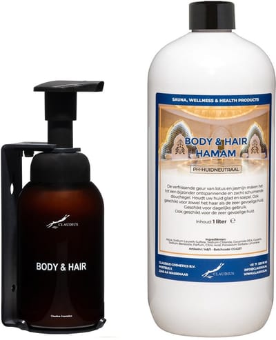 Body & Hair Hamam 300 ml - zeepdispenser amber bruin met pomp + 1 liter (inclusief beugel) - 2 in 1 voor lichaam en haar