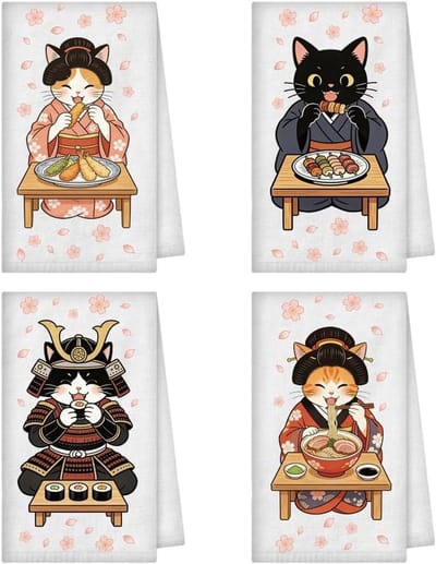 Dailygoods - WADORN 4 stijlen grappige katten keukenhanddoeken, Japanse katten geschenken voor vrouwen mannen theedoek herbruikbare bulk decoratieve handdoeken zachte absorberende rustieke vaatdoeken 60 x 40 cm
