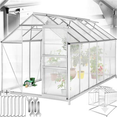 tectake® Aluminium Kas - 375 x 185 x 195 cm - Broeikas met Fundament - Tomatenhuis - Plantenhuis - UV-Bestendig - 4 mm Plaat - Schuifdeur & Dakraam - Bescherming Tegen Kou, Regen en Vorst