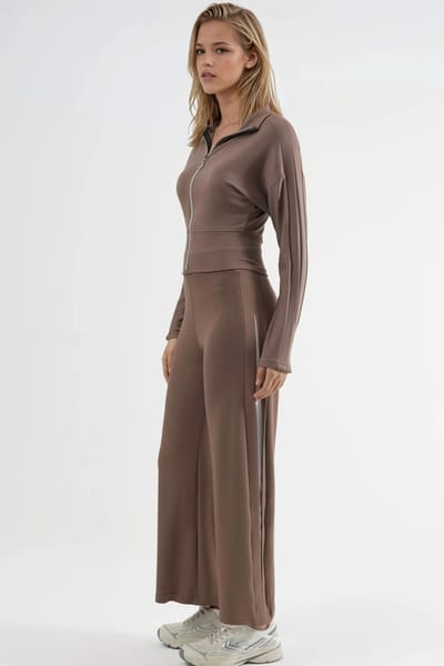 Modal Touch Hoge Taille Brede Pijp Twee-delige Set met Rits Kraag