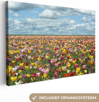 Canvas schilderij 180x120 cm - Wanddecoratie Tulpen - Kleuren - Wolken - Muurdecoratie woonkamer - Slaapkamer decoratie - Kamer accessoires - Schilderijen