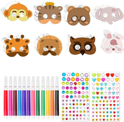 Set van 24 Kinder Dierenmaskers om te Kleur, Inclusief 176 Zelfklevende Strass Steentjes en 12 Kleurpotloden voor Verjaardagsfeestjes en Creatieve Activiteiten