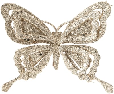 Kerstboomversiering Vlinder - 14 cm - champagne glitter - op clip - ornament